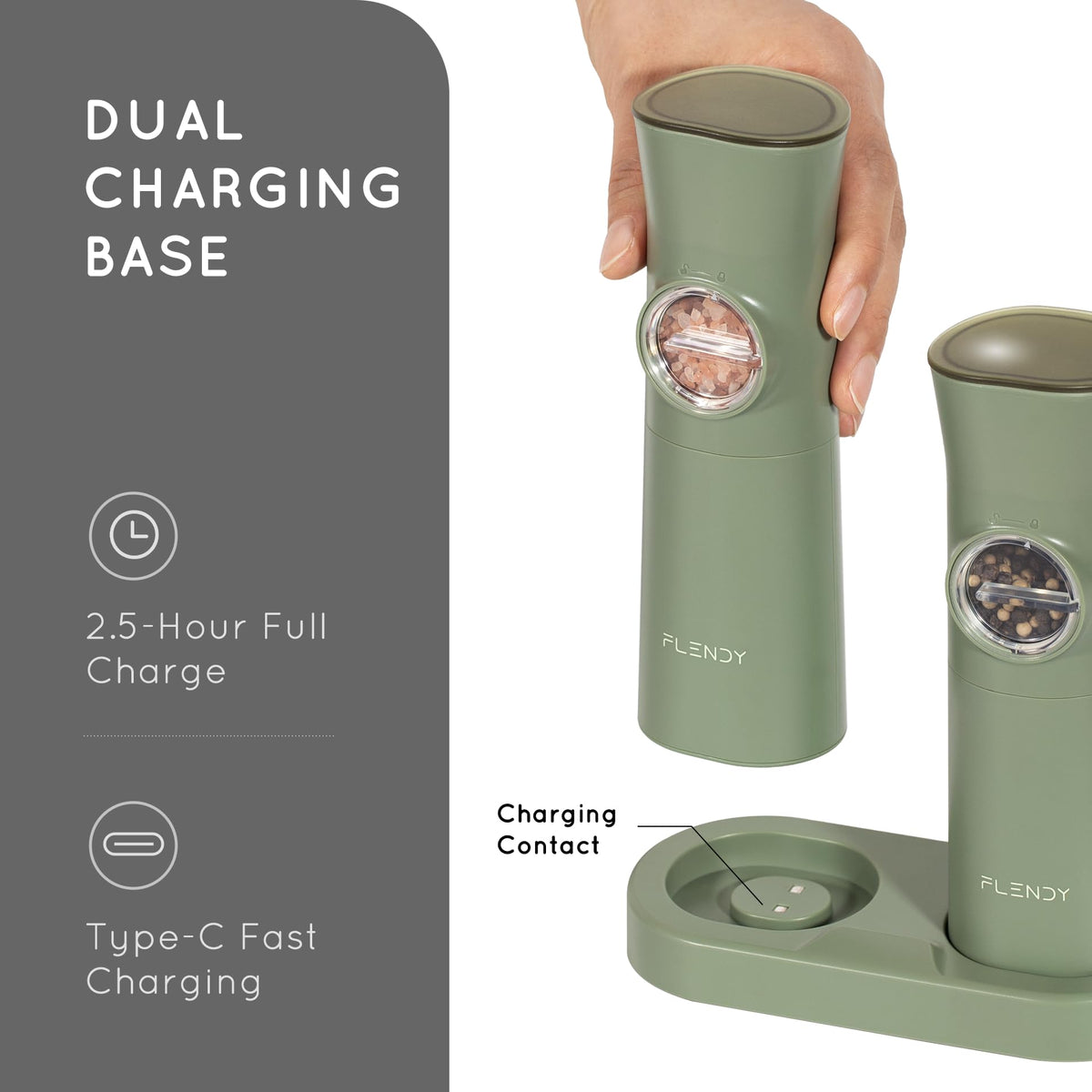 Flendy salt and pepper set features elegant design and bright LED light.