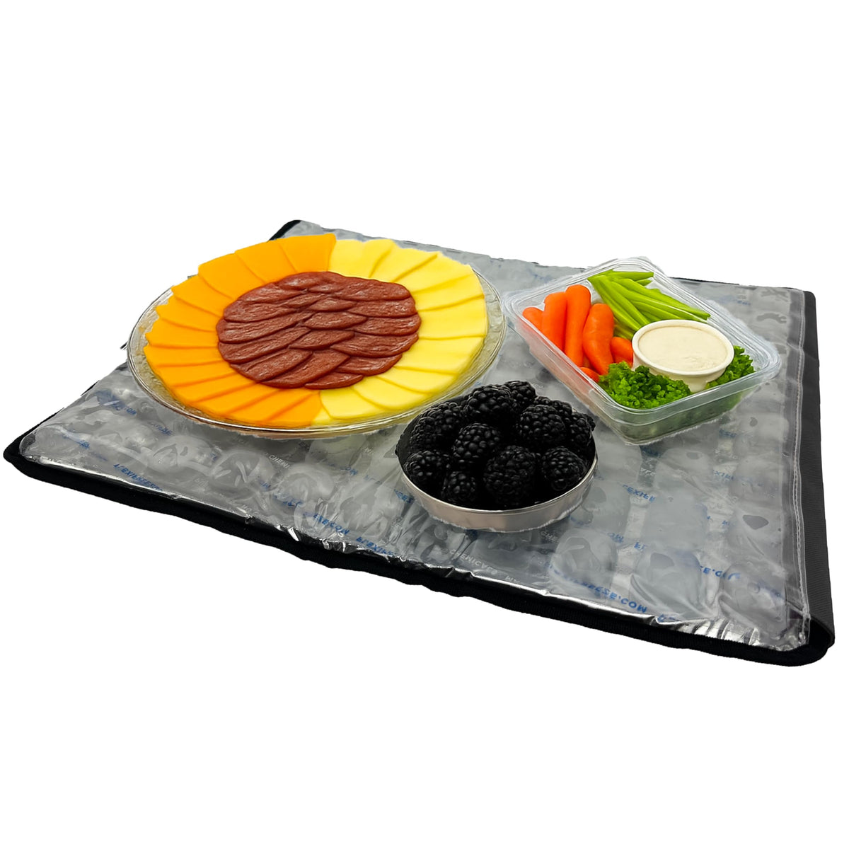 FlexiFreeze Party Mat ice sheet cooling a meat tray for fresh serving.