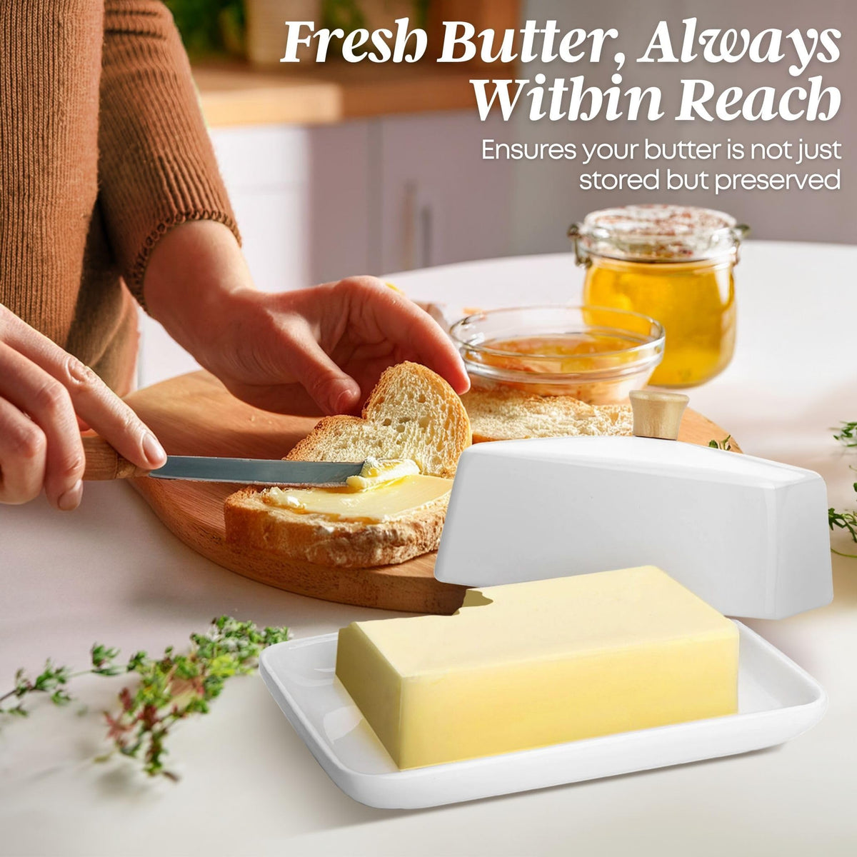 Close-up of Flexzion porcelain white butter dish showcasing clean storage