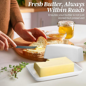 Close-up of Flexzion porcelain white butter dish showcasing clean storage