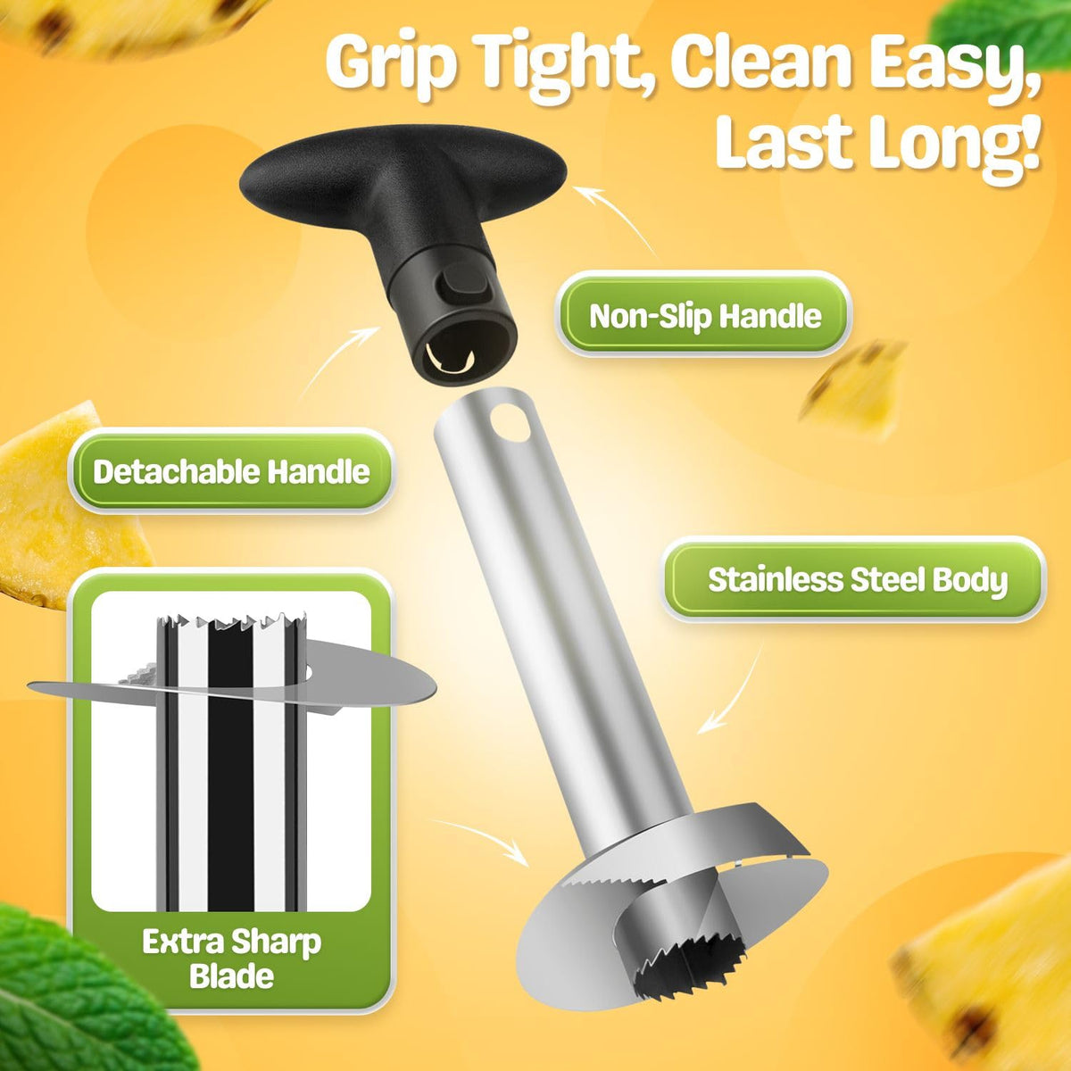 Flexzion eye remover highlights precision cores for clean pineapple halves.
