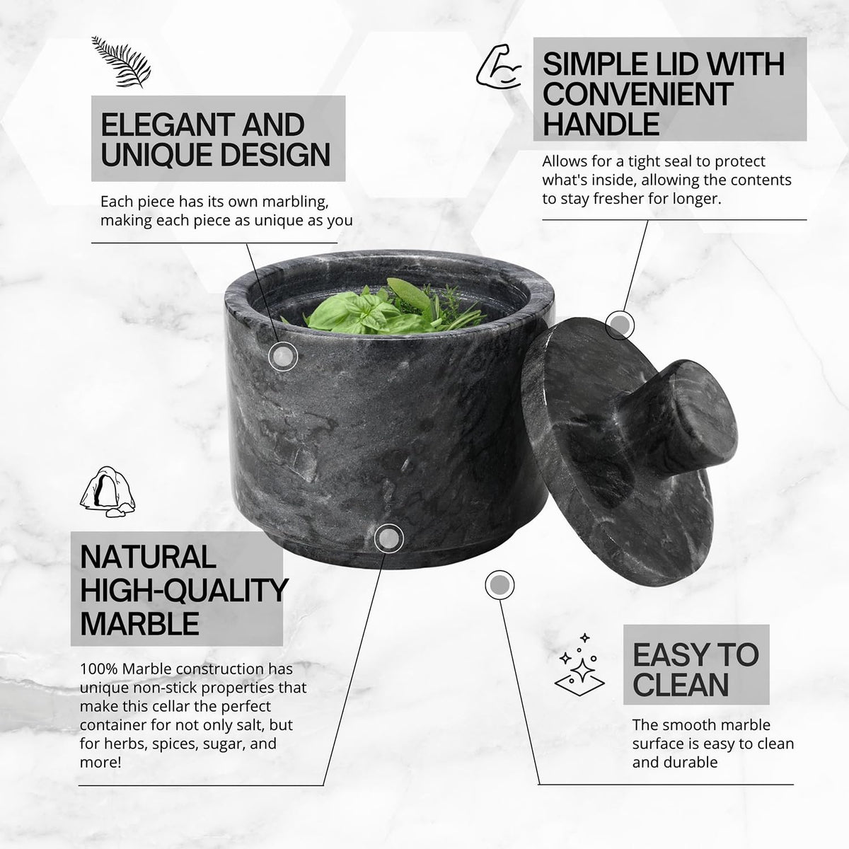 Flexzion marble pepper jar with lid keeps spices fresh on counter.
