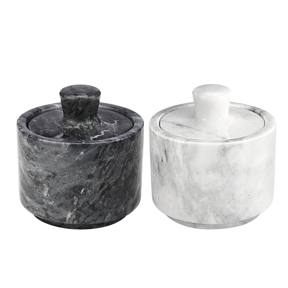 Flexzion marble salt cellar with lid set 2 pack, elegant kitchen storage.