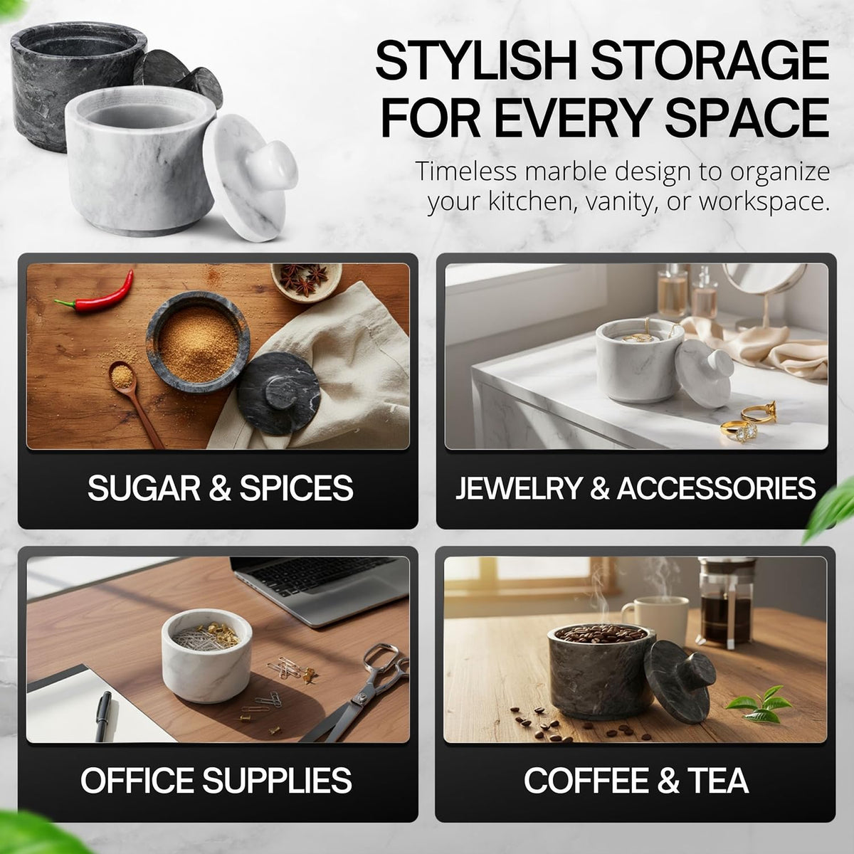 Flexzion marble spice storage on countertop, versatile kitchen organizer.