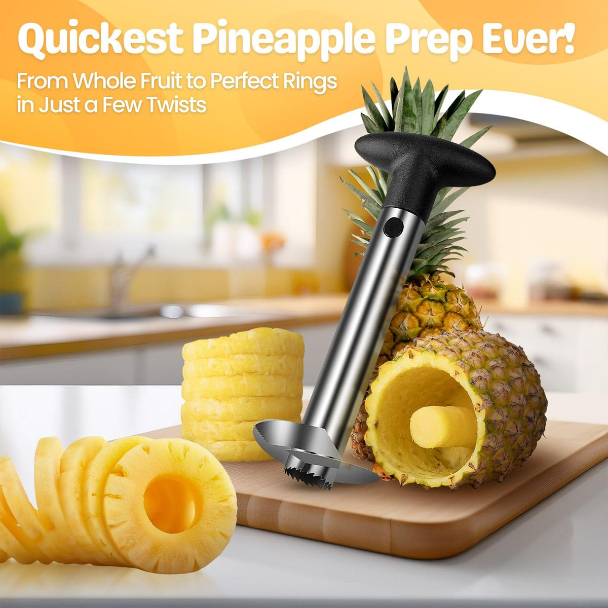 Flexzion metal blade delivers sharp, easy slicing through ripe pineapples.