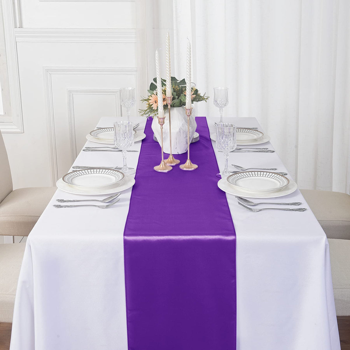 flohar 12x108 inch satin runners demonstrate versatile table styling options.