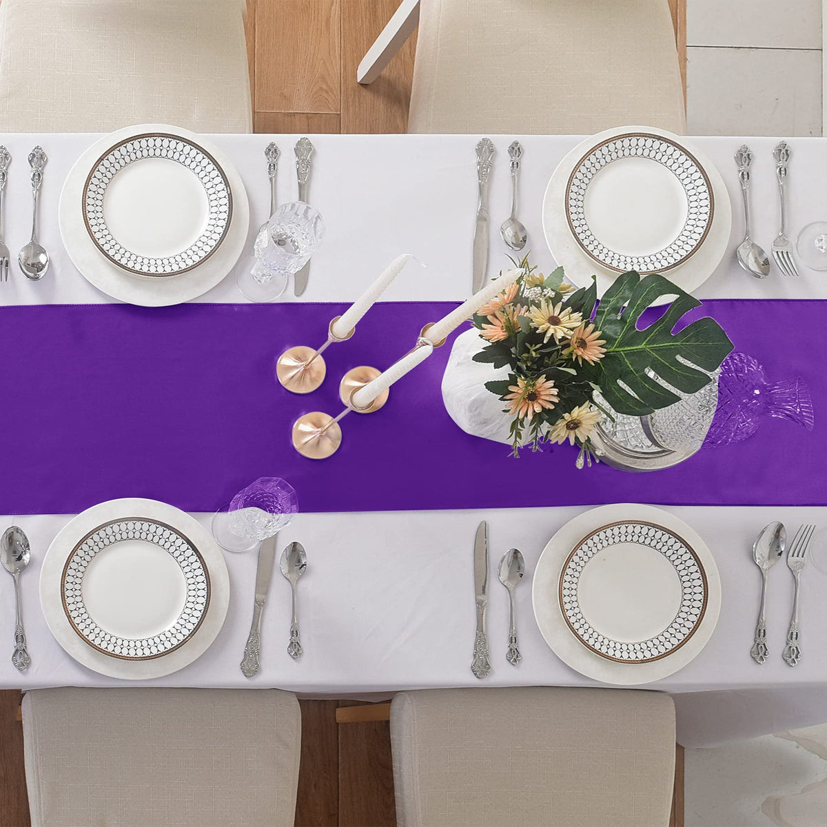 flohar navy satin table runner for formal dining creates refined contrast.