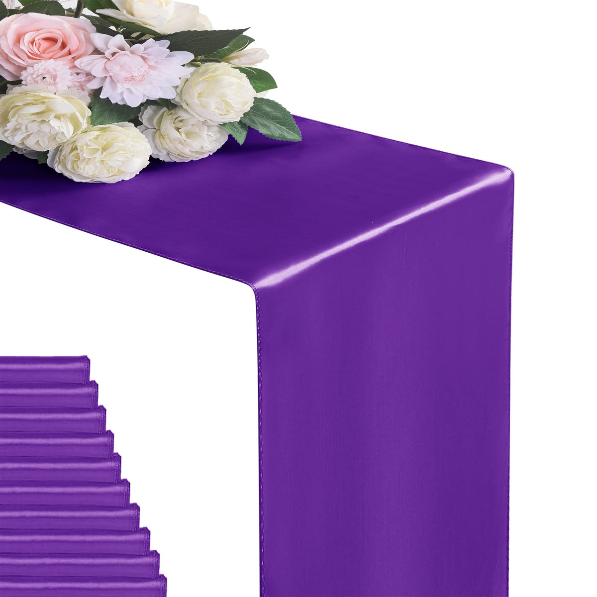 flohar 6Pack purple satin table runner on wedding table adds elegant ambiance.