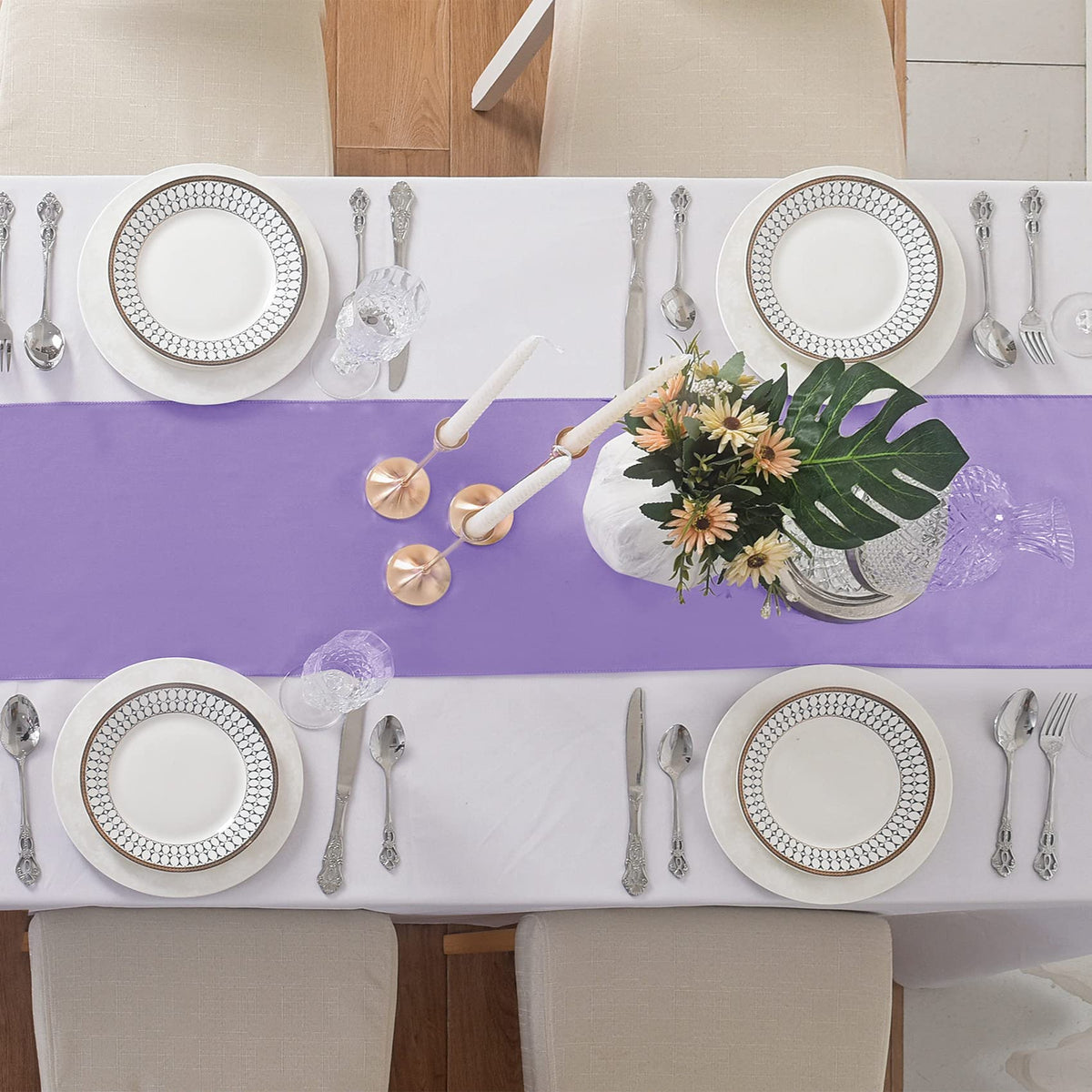 Flohar satin table runner for parties adds soft shimmer to tables.