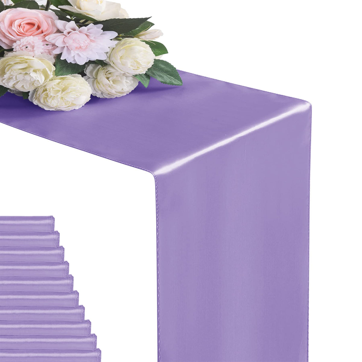 Flohar lavender satin table runner for 12x108 inch tables enhances elegance.