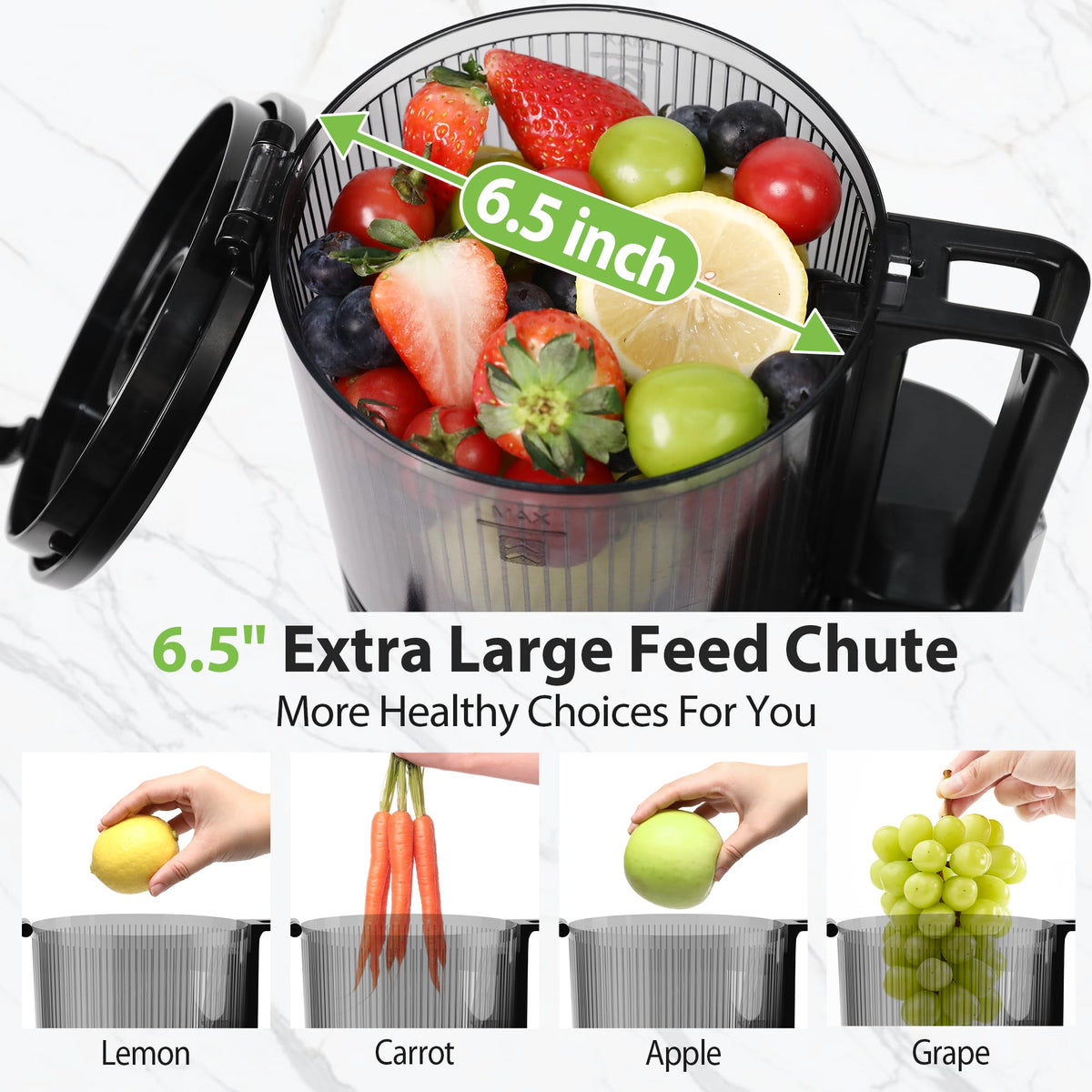 Floisdace 350W motor delivers high juice yield with efficient cold-press operation