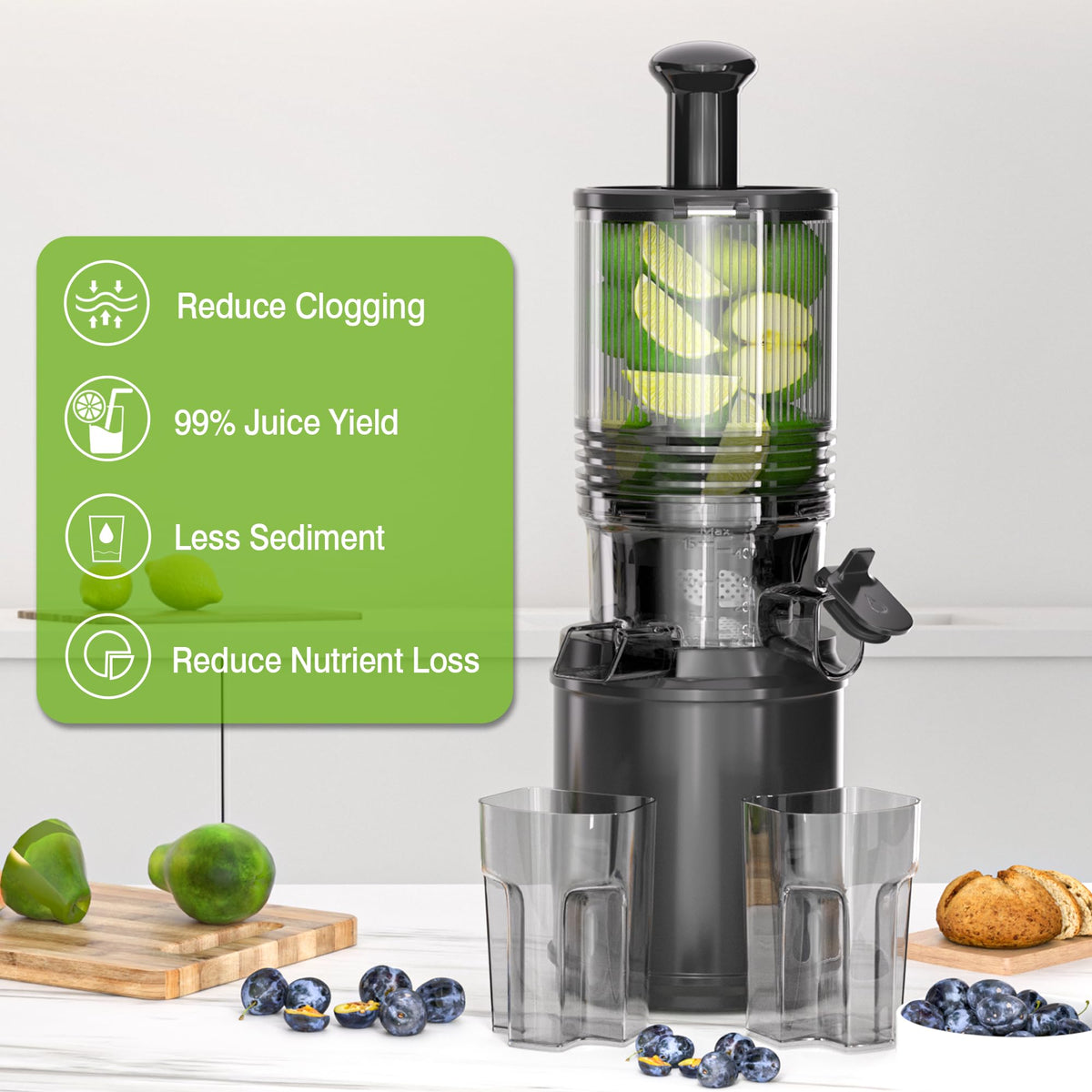 Floisdace 350W motor delivers durable performance on fibrous produce.