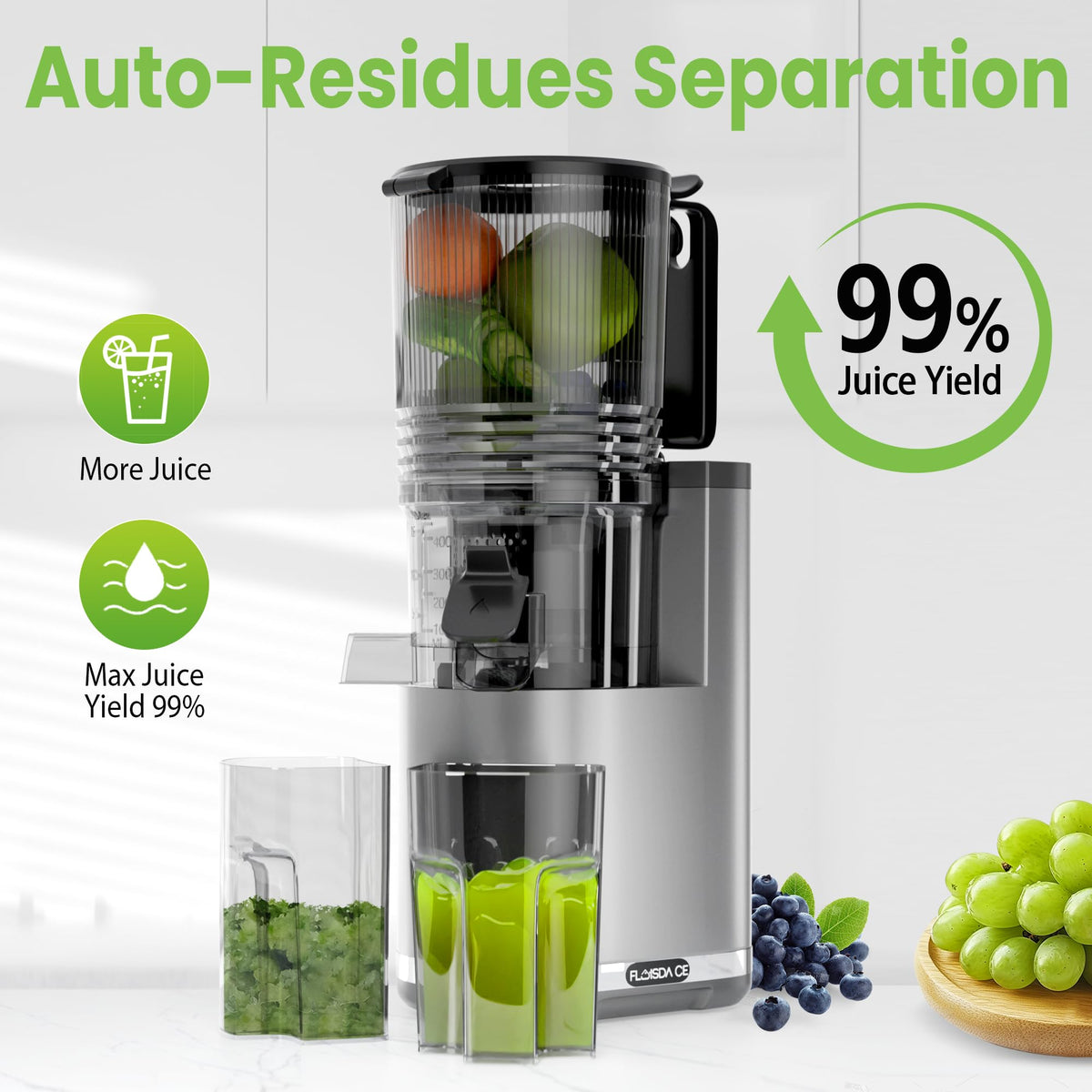 Floisdace auto-slow juicer runs at 55rpm to preserve nutrients and reduce heat