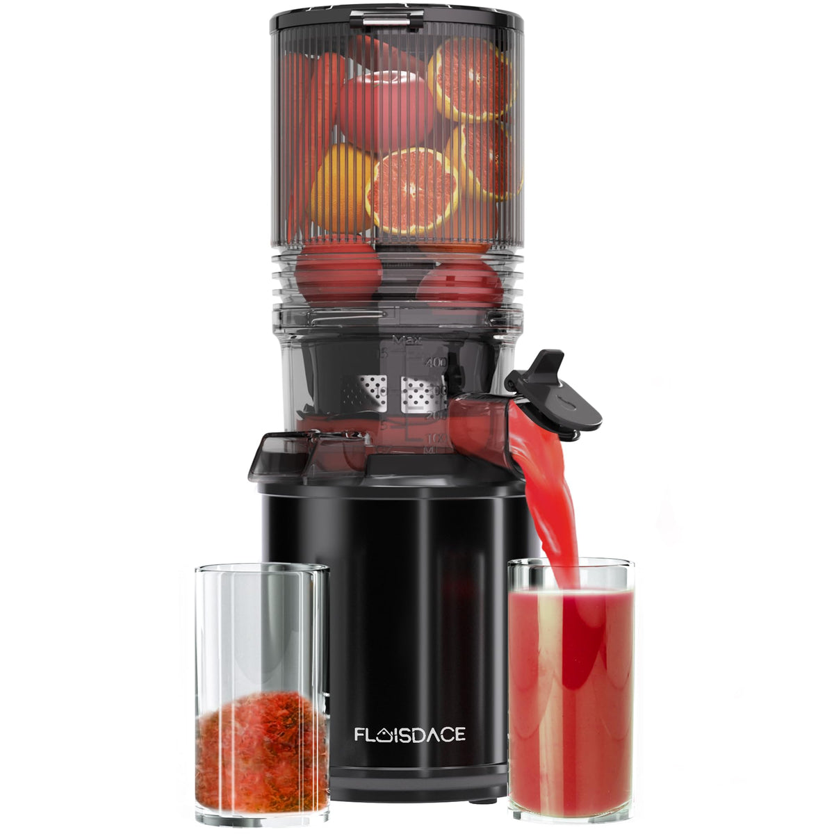 Floisdace Cold Press Juicer with a 6.5-inch feed chute for whole-fruit juicing.