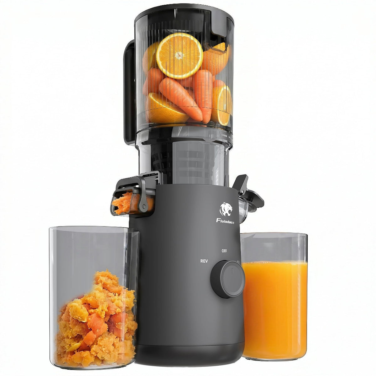 Floisdace juicer with 5.3-inch feed chute enabling convenient whole-fruit loading.