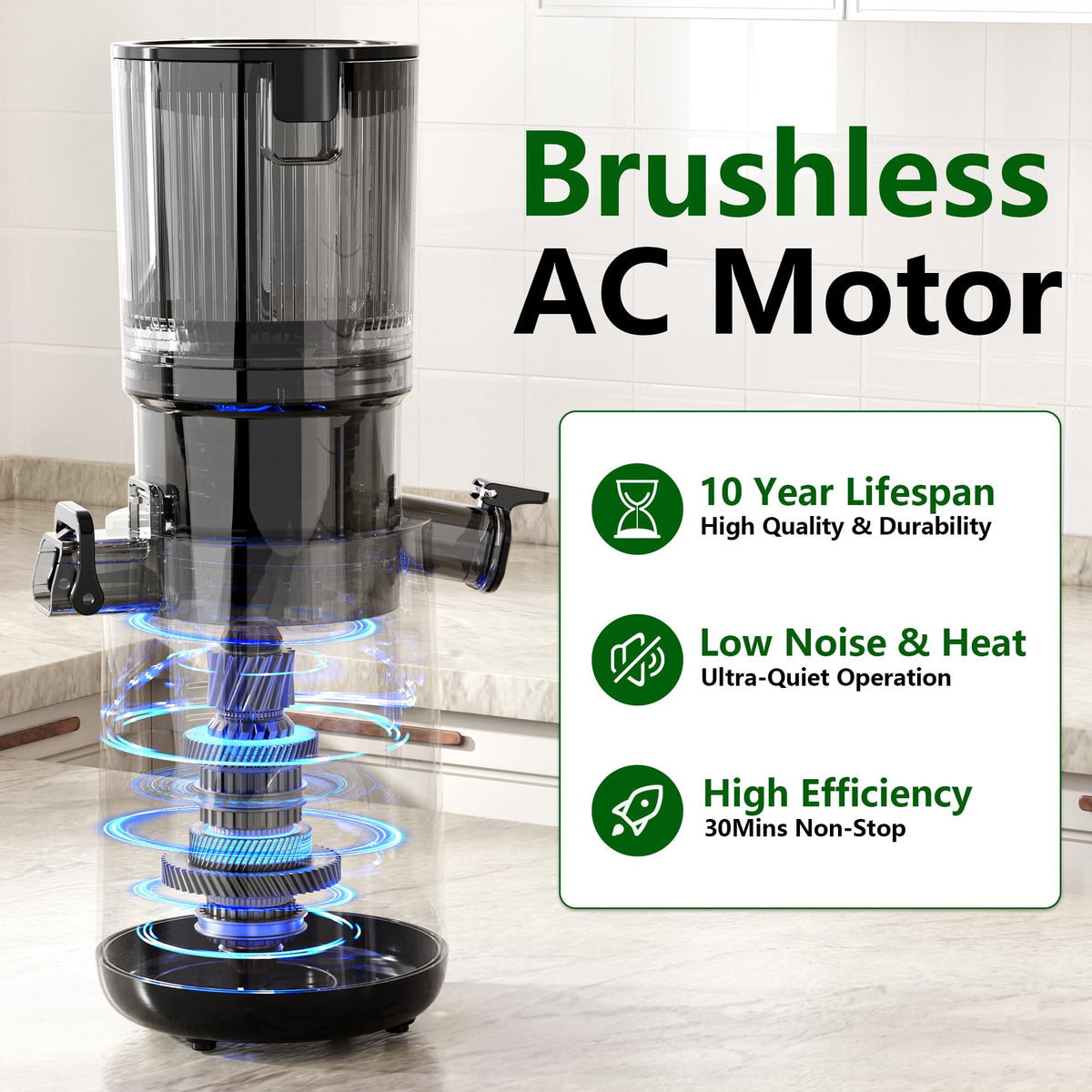 Floisdace juicer demonstrates whole-fruit input for faster breakfast prep.