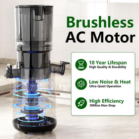 Floisdace juicer demonstrates whole-fruit input for faster breakfast prep.