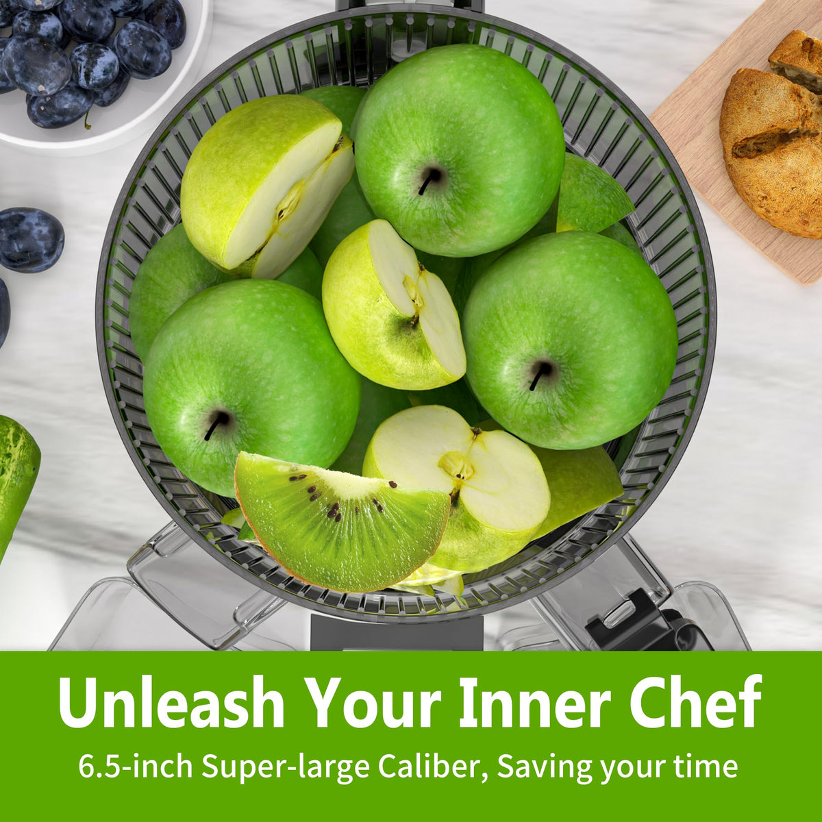 Floisdace Wide Feeding Chute simplifies whole-fruit insertion.