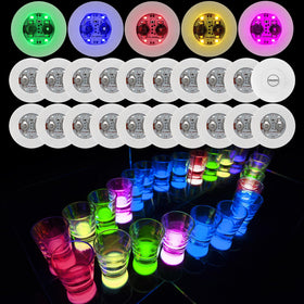 FLOMO—YDQ LED coaster set on table creating ambient lighting for gatherings.