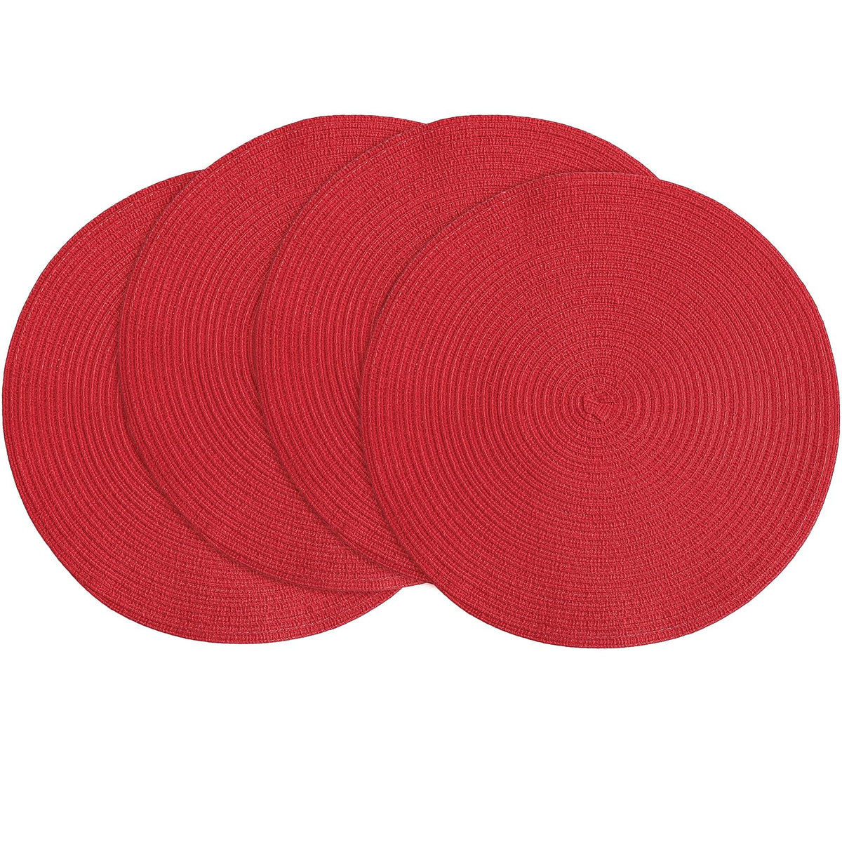 Floroom 15-inch round braided placemats in red protect tables during meals.