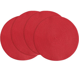 Floroom 15-inch round braided placemats in red protect tables during meals.