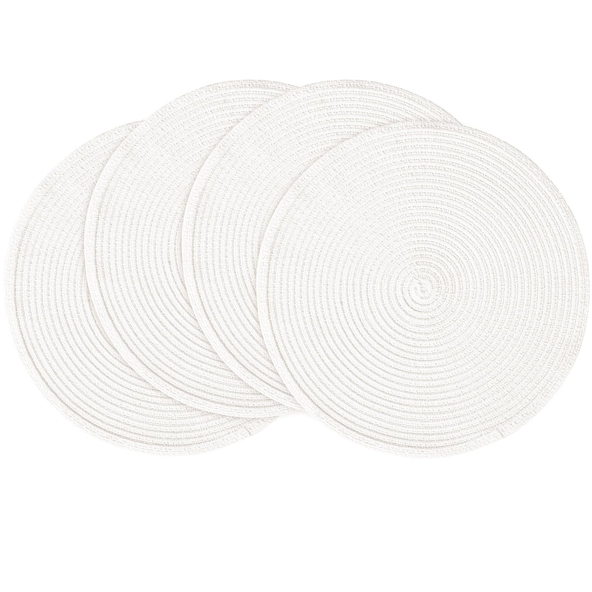 Floroom round 15-inch white placemats showcase subtle shine while protecting surfaces.