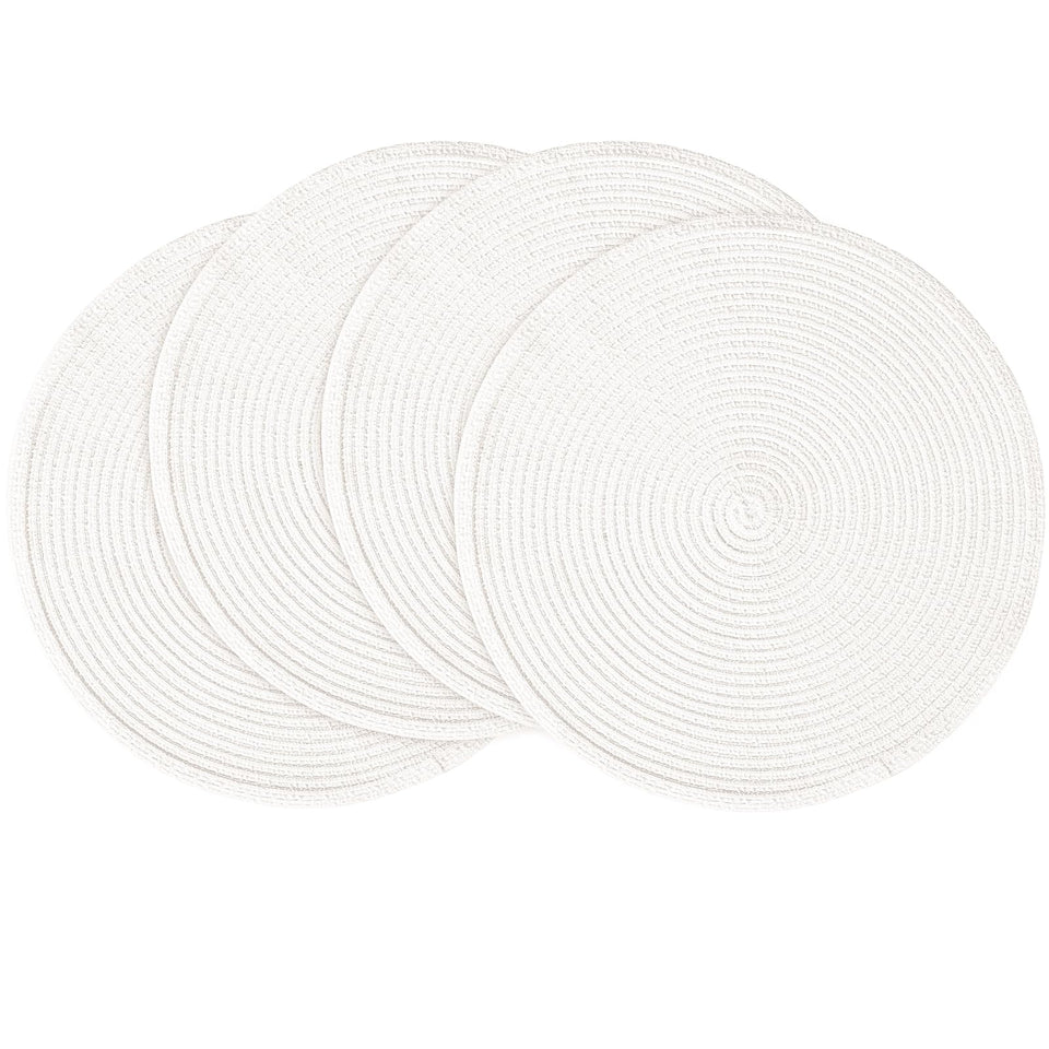 Floroom round 15-inch white placemats showcase subtle shine while protecting surfaces.