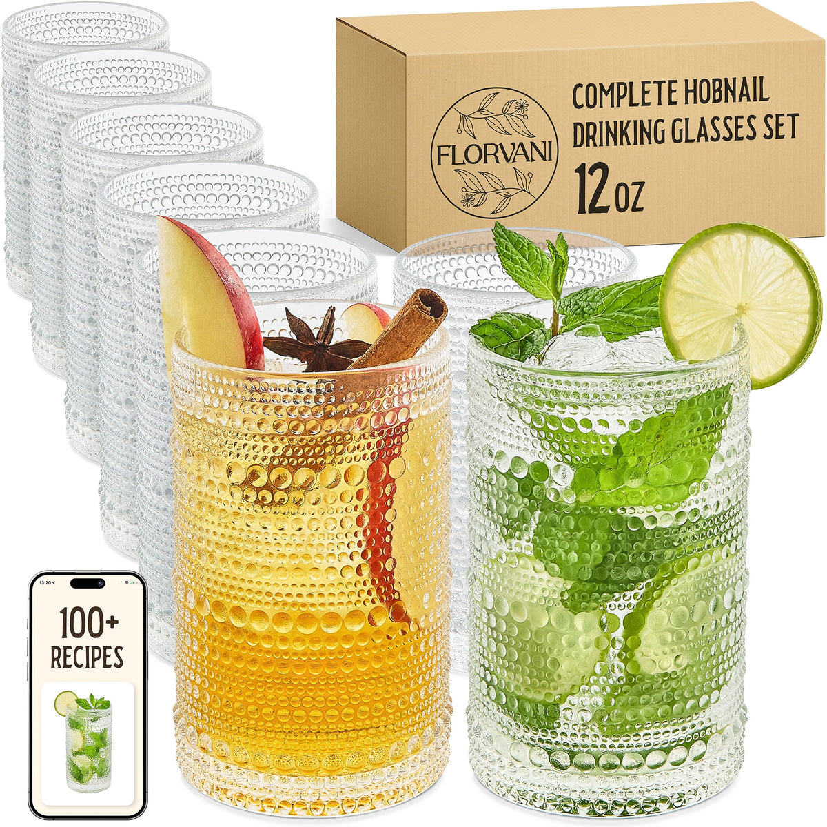 Florvani hobnail glasses set of eight, clear and versatile for cocktails and dinners.