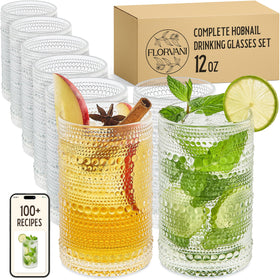 Florvani hobnail glasses set of eight, clear and versatile for cocktails and dinners.