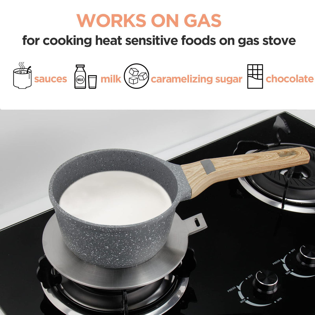 Flovia Cook by Nature adapter plate in use on gas hob delivering even heat transfer.
