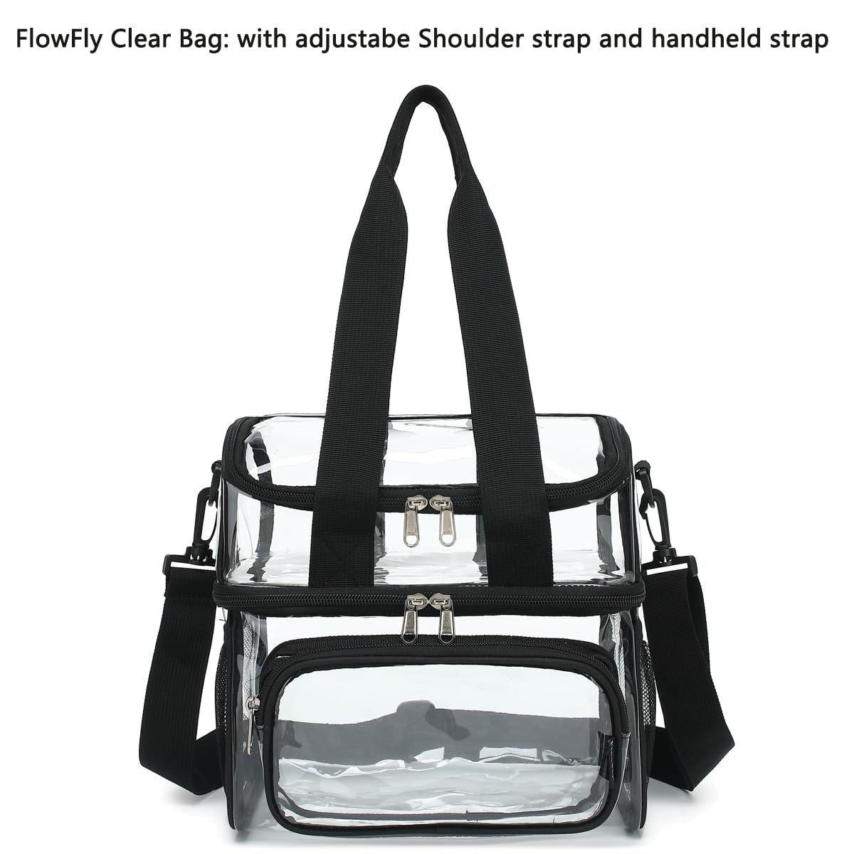 FlowFly clear tote showing front pocket for easy event organization
