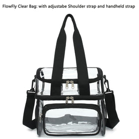 FlowFly clear tote showing front pocket for easy event organization