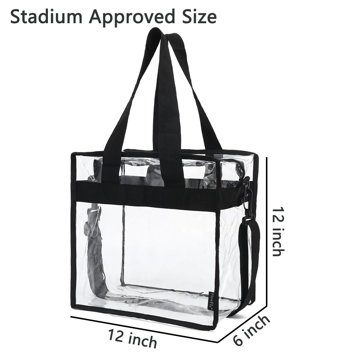 FlowFly clear tote at stadium, compliant with clear-bag policy.