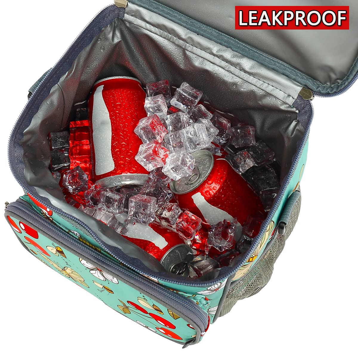 FlowFly cherry lunch bag with dual mesh side pockets for drinks and snacks.