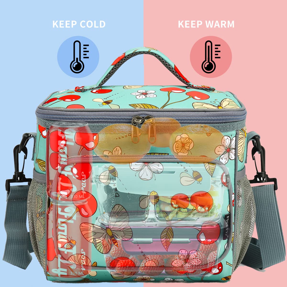 FlowFly lunch bag with adjustable shoulder strap for comfortable all-day wear.