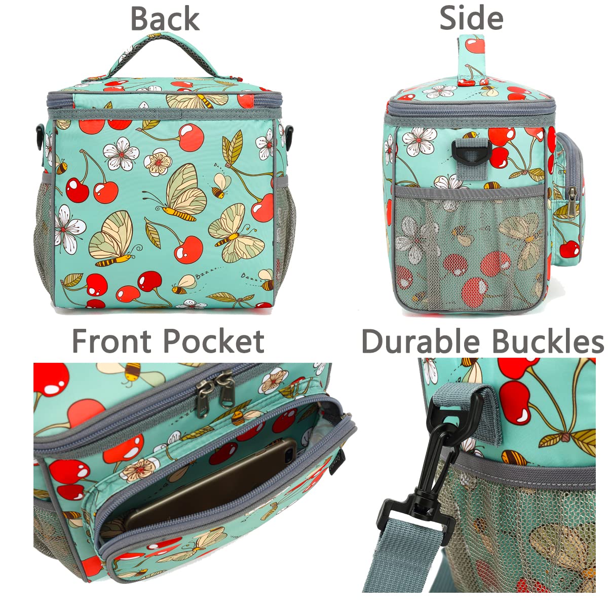 FlowFly lunch bag water bottle pocket keeps hydration handy on the go.