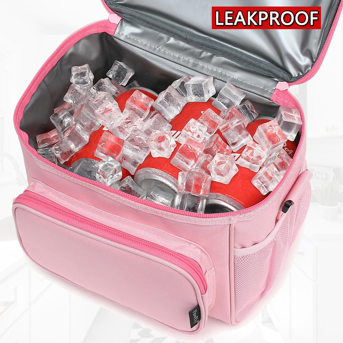 FlowFly lunch bag features dual mesh side pockets for drinks.