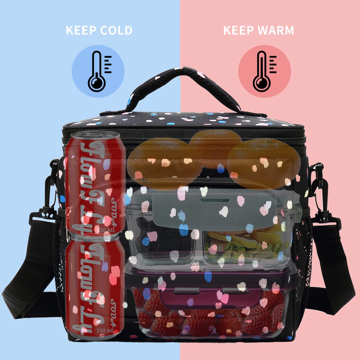 FlowFly lunch bag with dual side mesh pockets for bottles or drinks