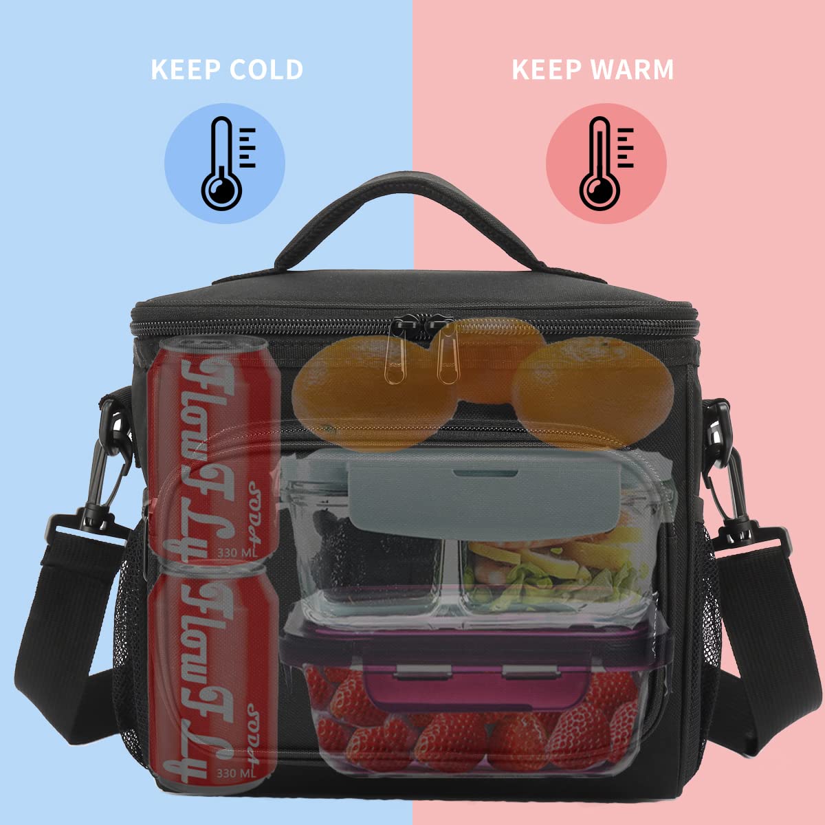 FlowFly lunch bag side pockets hold water bottles for easy access