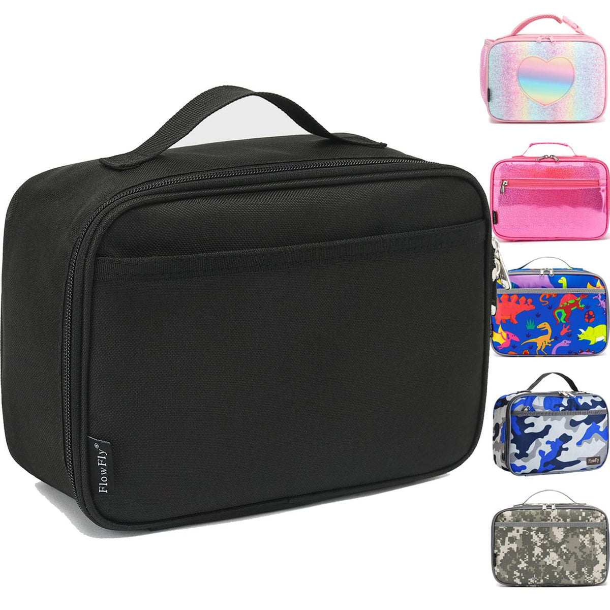 FlowFly Kids Lunch Bag exterior view with camouflage design.