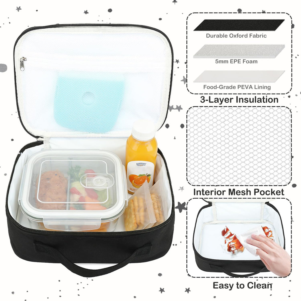 FlowFly front pocket view highlighting extra storage for dessert or notes.