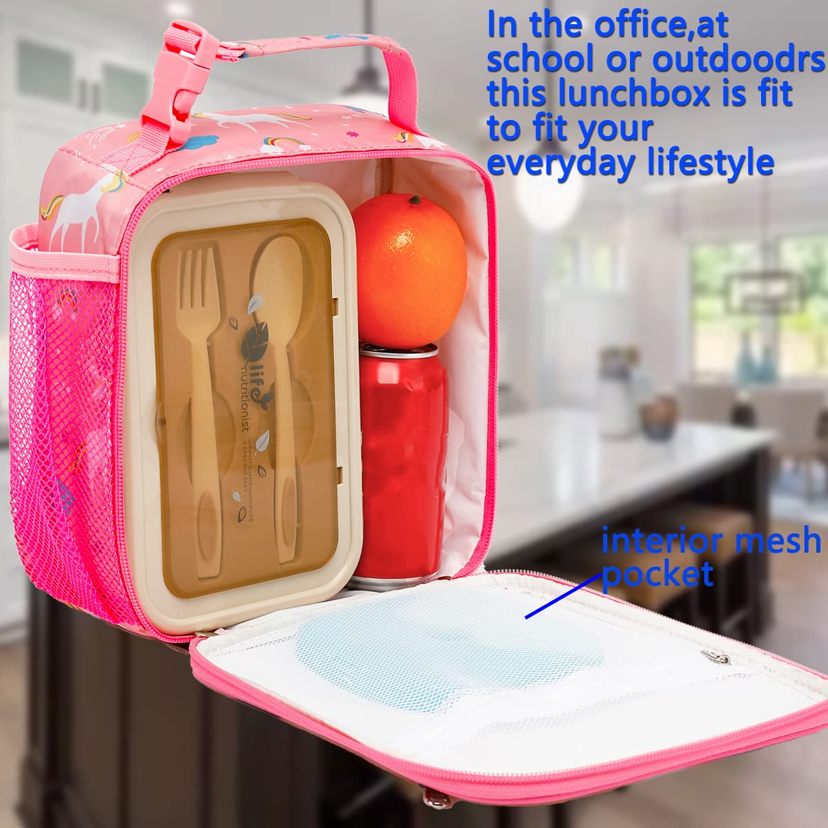 FlowFly Kids Lunch Box side view highlighting compact profile for backpacks