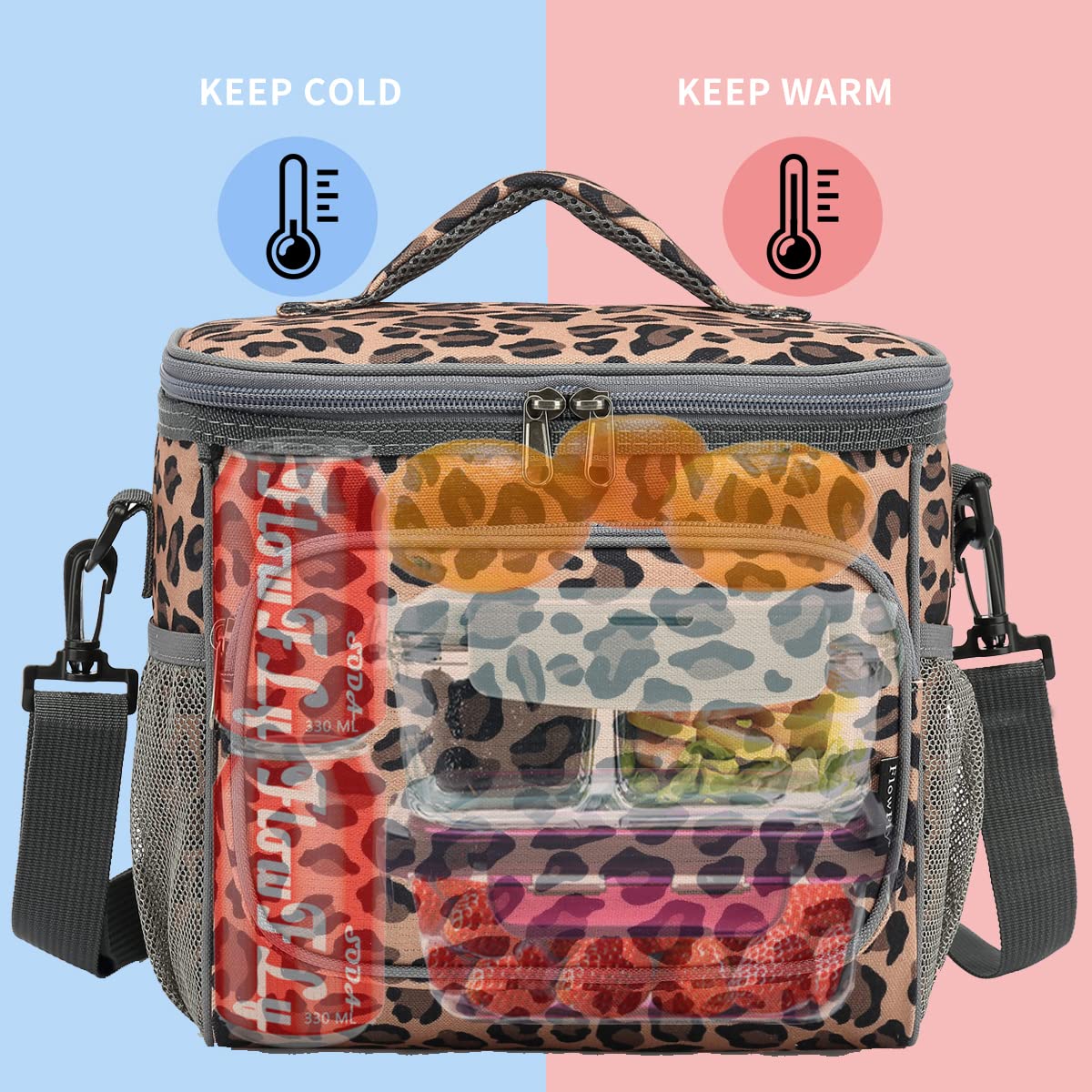 FlowFly leopard lunch bag dual mesh pockets fit water bottle and snacks