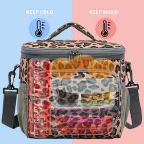 FlowFly leopard lunch bag dual mesh pockets fit water bottle and snacks