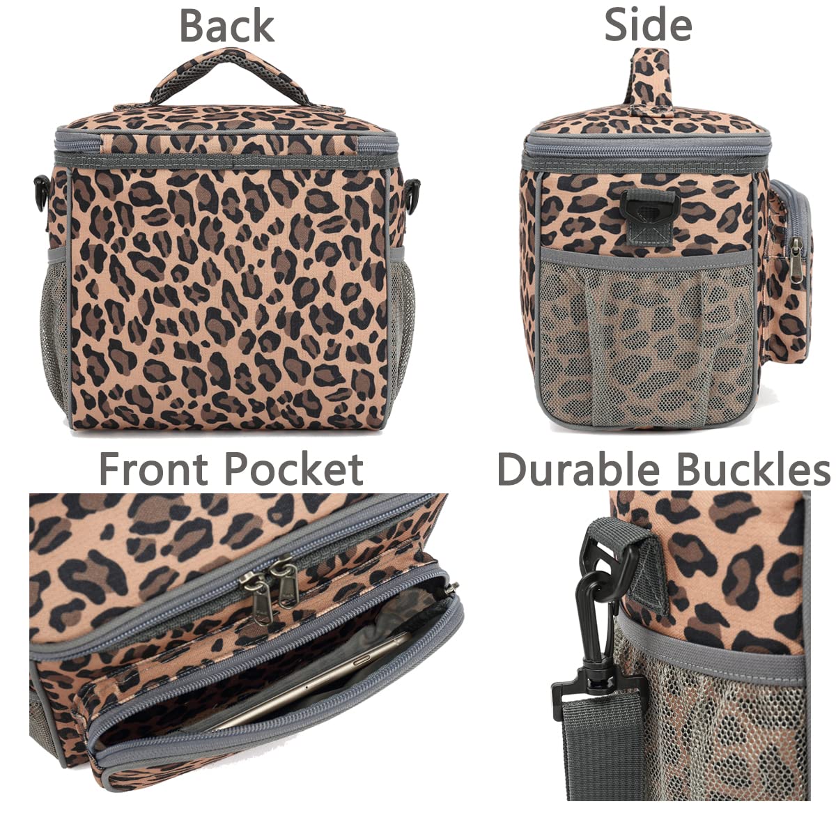 FlowFly leopard lunch bag durable 600D material resists wear during daily use