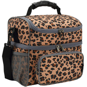 FlowFly leopard lunch bag front view showing dual compartments for meals