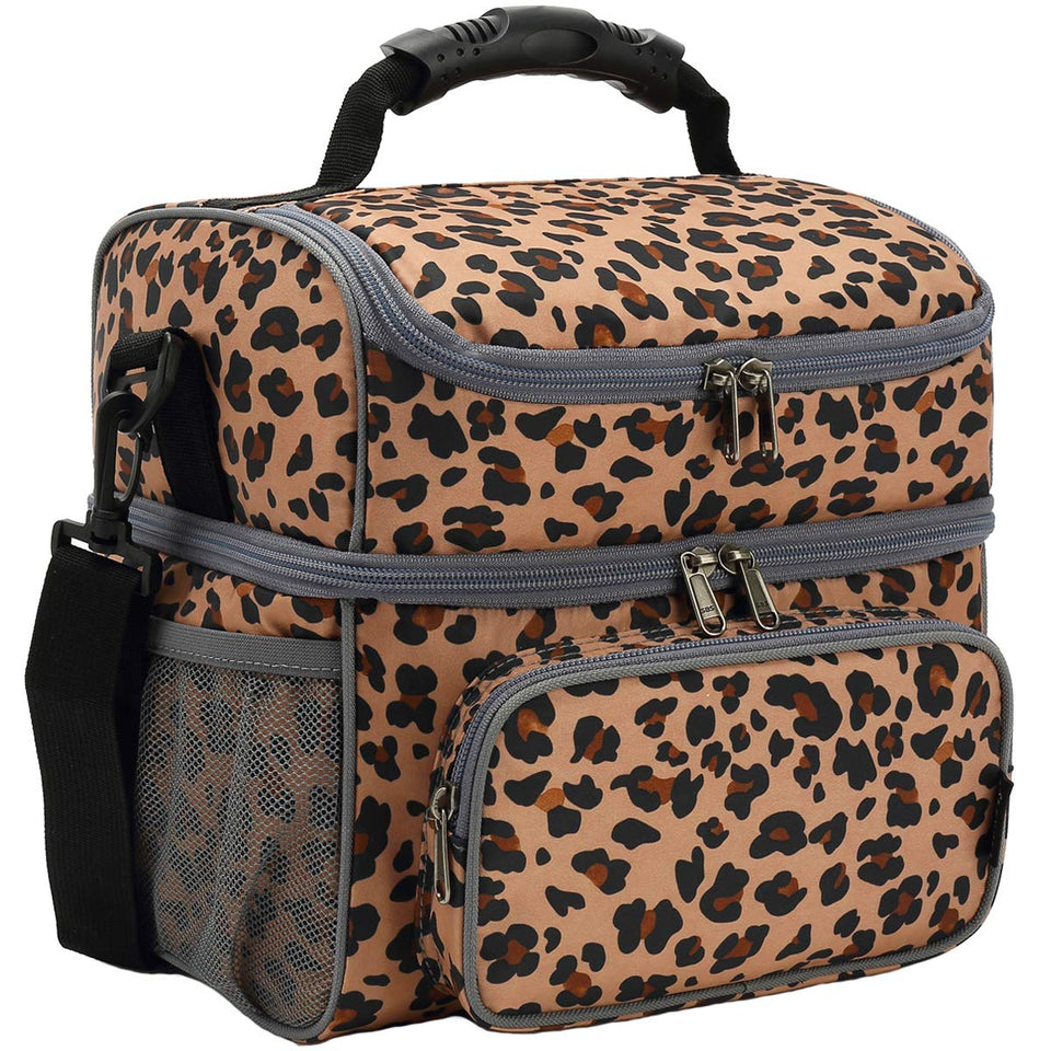 FlowFly leopard lunch bag front view showing dual compartments for meals