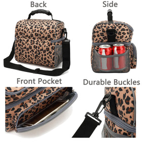 FlowFly leopard lunch bag mesh side pockets for bottles and snacks