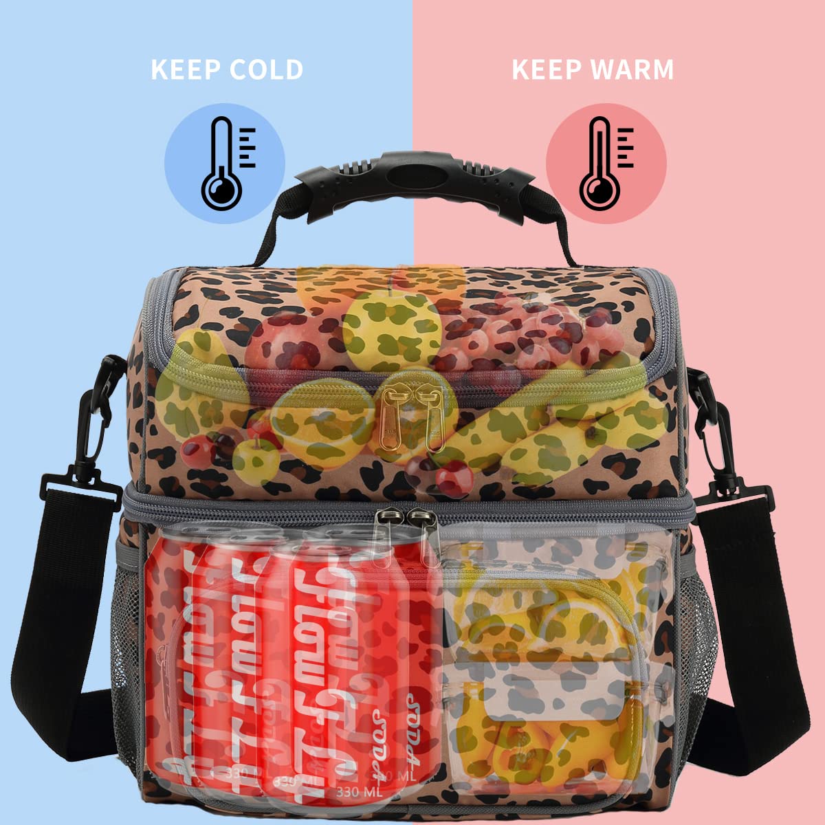 FlowFly leopard lunch bag top compartment for fruits and snacks stay fresh