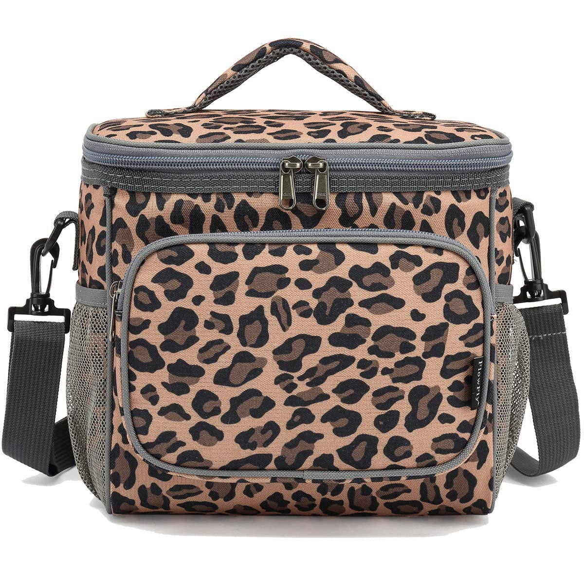 FlowFly leopard lunch bag water-resistant exterior protects contents from spills